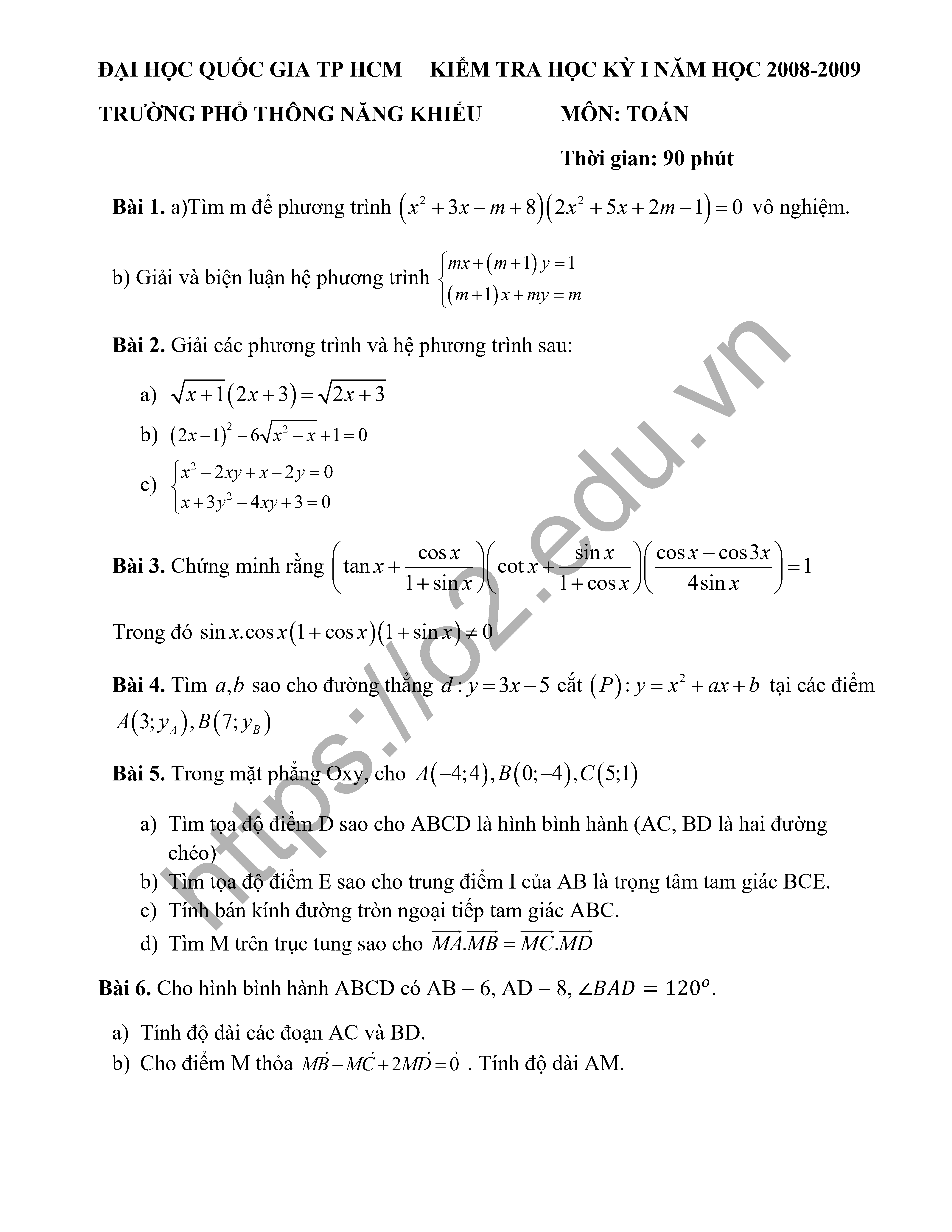 Bộ đề thi học kì 1 Toán 10 trường PTNK TP HCM 3