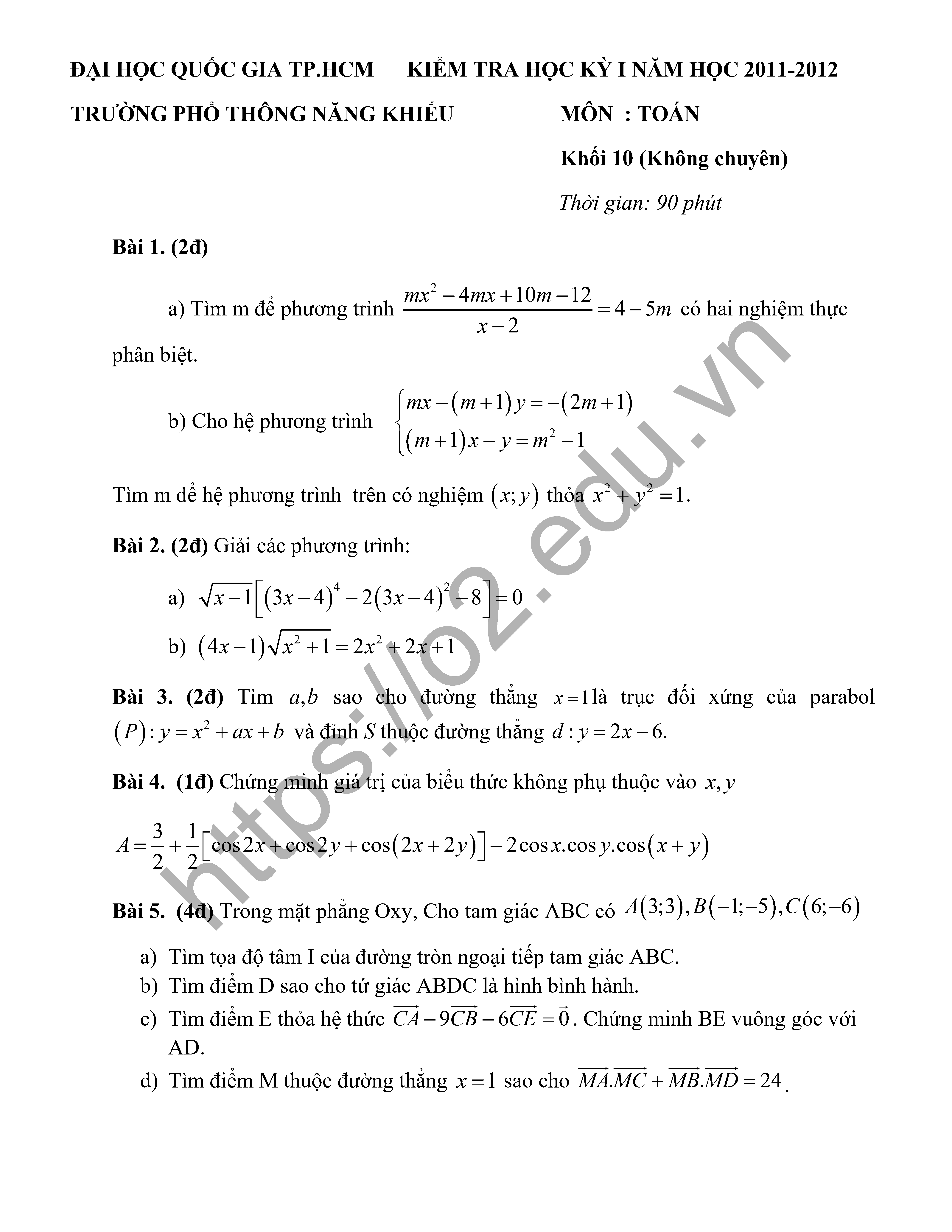 Bộ đề thi học kì 1 Toán 10 trường PTNK TP HCM 4