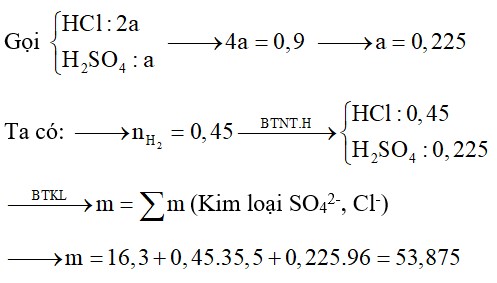 Cho 16,3 gam hỗn hợp (Fe, Al, Mg) tác dụng vừa đủ với dung dịch chứa HCl và H2SO4