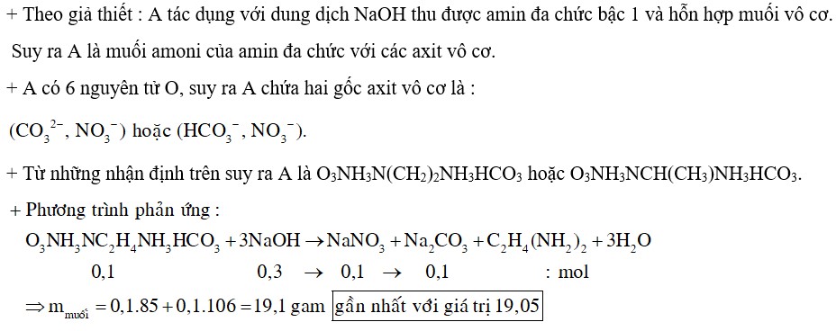 Cho 18,5 gam chất hữu cơ A (có công thức phân tử C3H11N3O6) tác dụng vừa đủ với 300 ml dung dịch NaOH