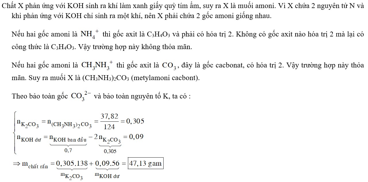 Cho 37,82 gam chất hữu cơ X có công thức phân tử là C3H12O3N2 tác dụng với 350 ml dung dịch KOH