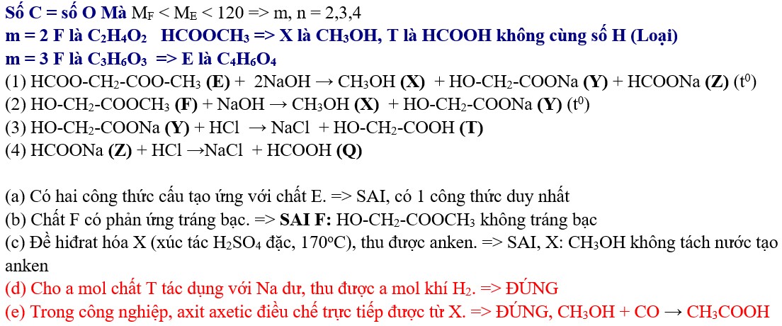 Cho hai chất hữu cơ no, mạch hở là E (CnH2m­On) và F (CmH2mOm) (MF < ME < 120). Thực hiện phản ứng chuyển hóa E, F 1
