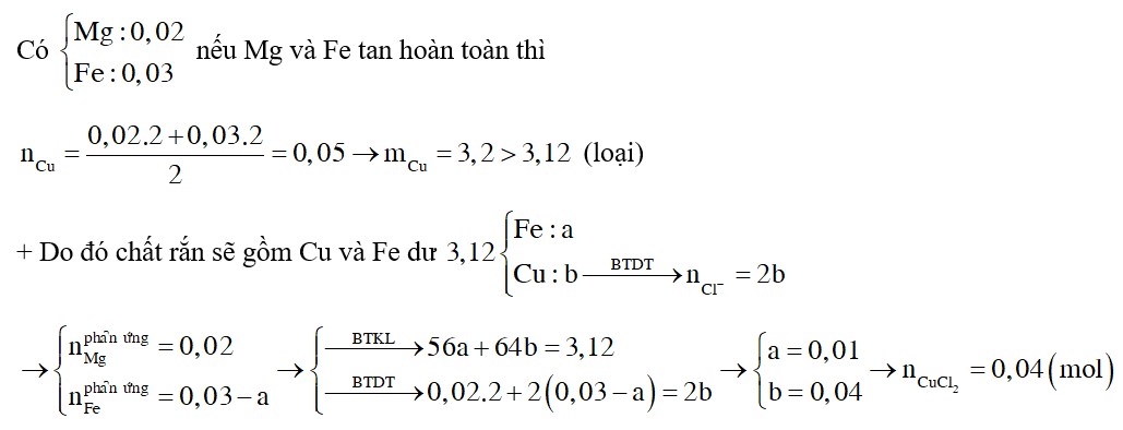 Cho hỗn hợp bột gồm 0,48 gam Mg và 1,68 gam Fe vào dung dịch CuCl2
