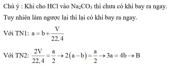 Cho từ từ đến hết từng giọt dung dịch chứa a mol HCl vào dung dịch chứa b mol Na2CO3 thu được V lít khí
