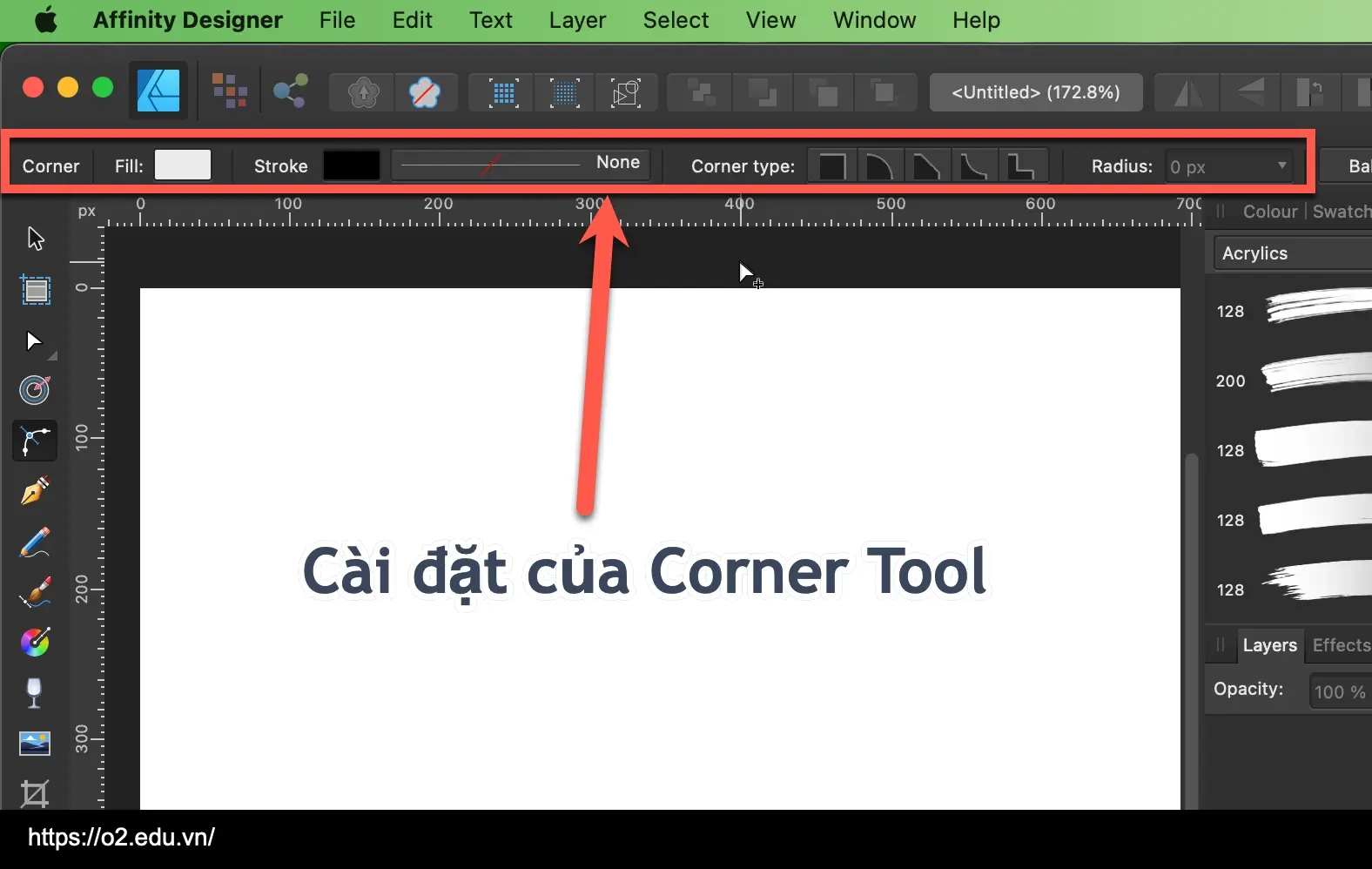 Cài đặt của Công cụ Corner Tool trong Affinity Designer