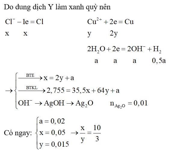 Điện phân dung dịch X gồm x mol KCl và y mol Cu(NO3)2 (điện cực trơ, màng ngăn xốp)