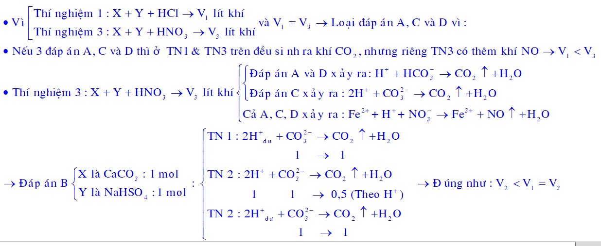 Hai chất rắn X, Y có số mol bằng nhau. Tiến hành các thí nghiệm sau Thí nghiệm 1: Hòa tan X 1