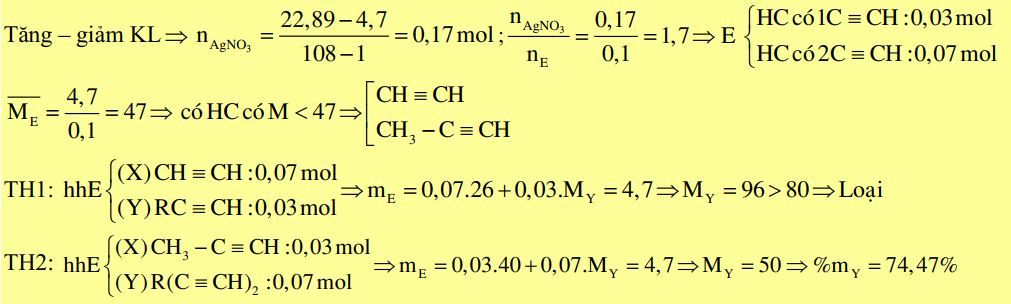Hỗn hợp E gồm hai hiđrocacbon mạch hở X, Y với MX < MY < 80. Cho 0,1 mol E, có khối lượng 4,7 gam 1