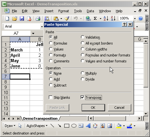 chuyen dong thanh cot trong excel 2003