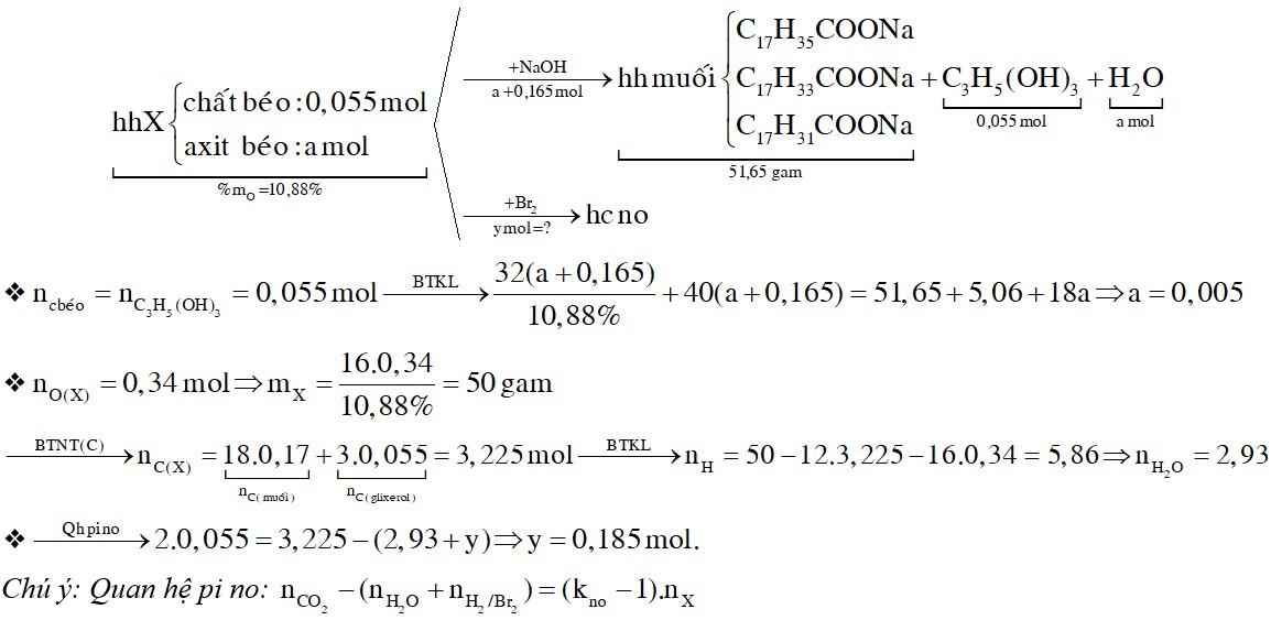 Khi phân tích một loại chất béo (kí hiệu là X) chứa đồng thời các triglixerit và axit béo tự do (không có tạp chất khác) thấy oxi chiếm 10,88% theo khối lượng 1