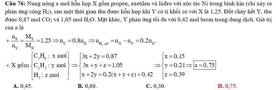 Nung nóng a mol hỗn hợp X gồm propen, axetilen và hiđro với xúc tác Ni trong bình kín (chỉ xảy ra phản ứng cộng H2) 3